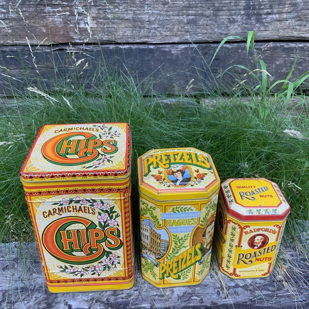 Tin Canister Trio Carmichaels Chips Hague's Pretzels Radfords Nuts England Retro